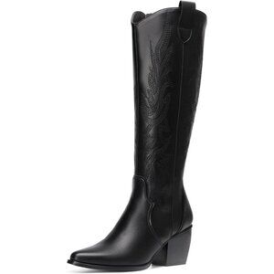 DREAM PAIRS Womens Black Cowboy Boots Wide Calf Knee High Boots Ladies